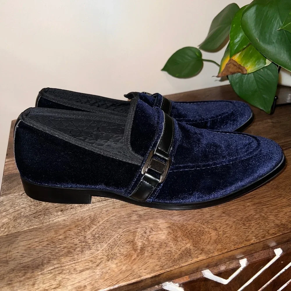 Steve Madden Macklin Mens 8M‎ Navy Blue Velvet Loafer Dress Shoes Formal Casual